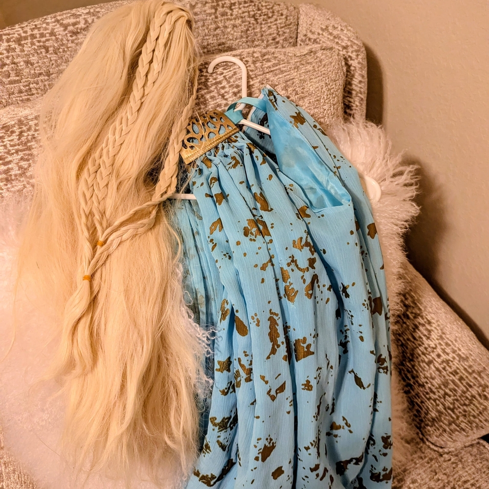 Costume Blue and Gold Patterned Dress with Blonde Wig